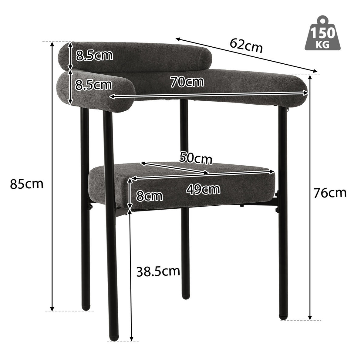 SESSEL ergonomisch ca. 70 x 62 x 84 cm Stoff Dunkelgrau 6er-Set - Dunkelgrau, Metall (62/84/70.1cm) - Meubliv