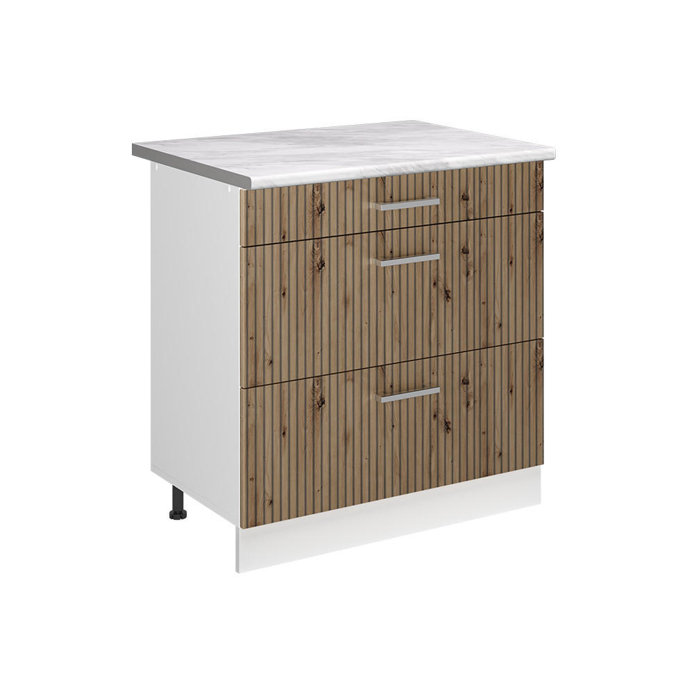 SPODNÍ SKŘÍŇKA KUCHYŇSKÉ LINKY R-Line, Řemeslný dub/Bílá, 80 cm se 3 zásuvkami pracovná doska Mramor - bílá/dub artisan, kompozitní dřevo (80/81.6/60cm) - Vicco