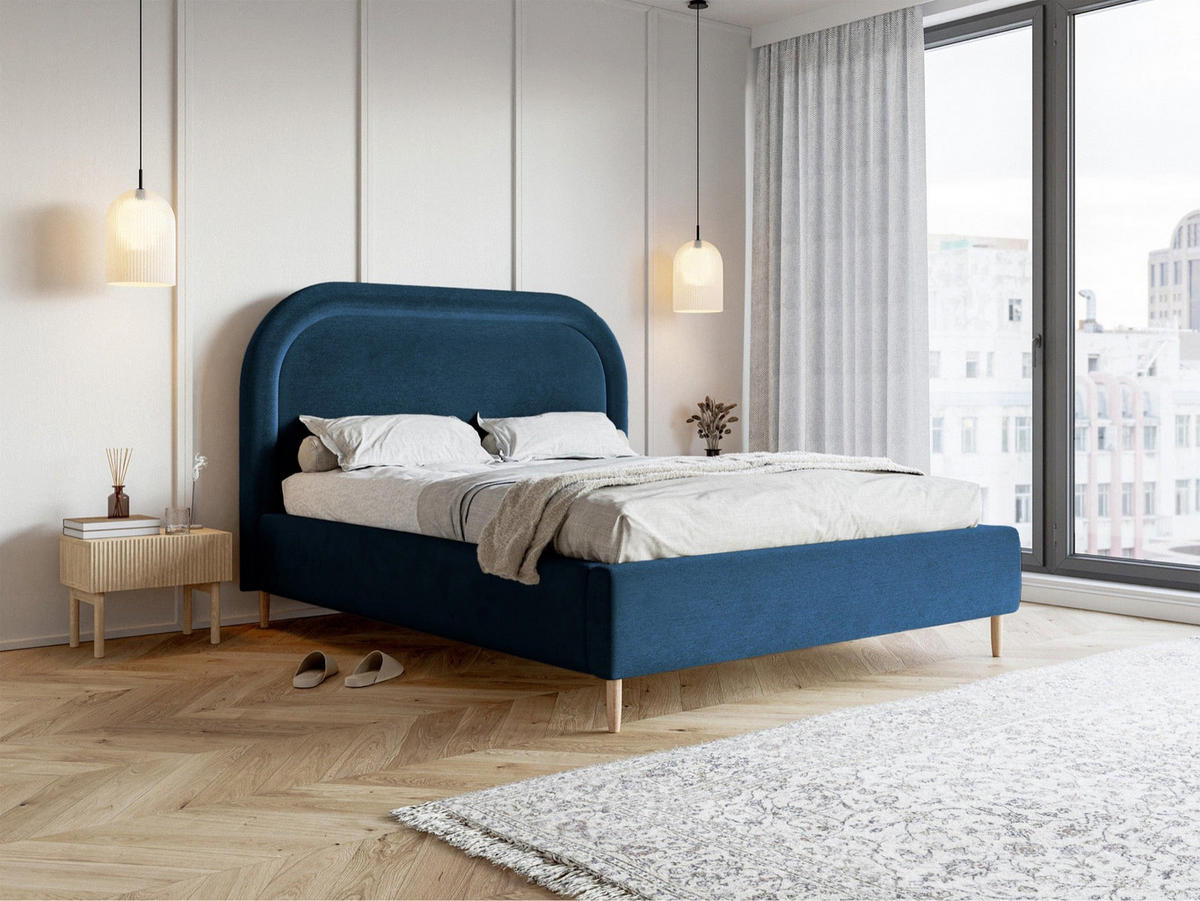POLSTERBETT Loreo Dunkelblau Samt wasserfest 160x200 cm - Beige/Dunkelblau, Holz/Textil (160/200cm) - Selsey