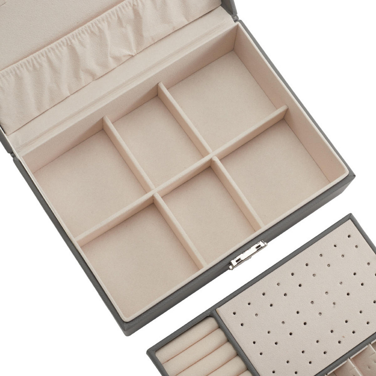 SCHMUCKKÄSTCHEN 23/17/9 cm Zweistöckig Schloss PU-Leder Samtfutter Grau - Grau, Leder/Textil (23/9/17cm) - Livingandhome