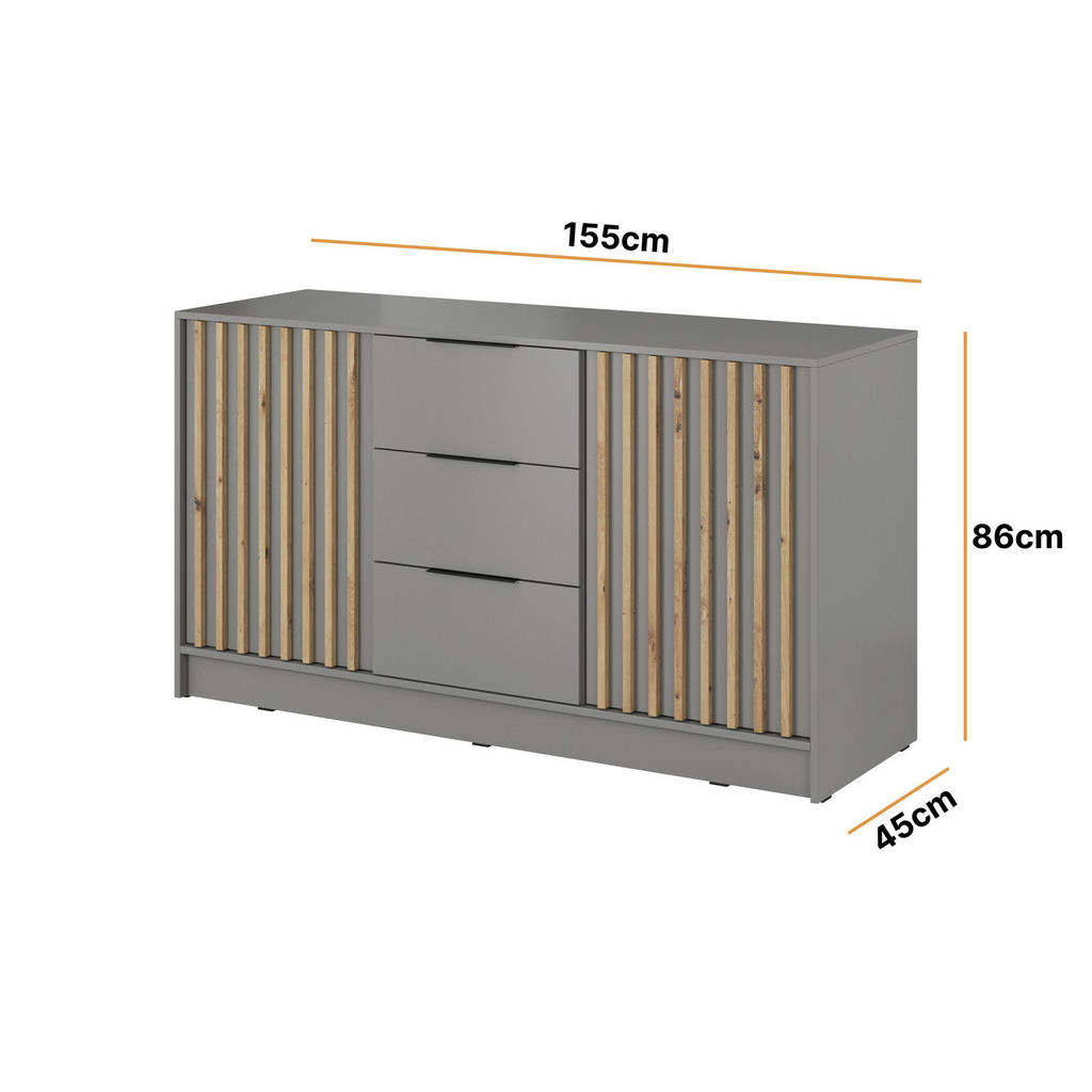 Thumbnail - Ravio Kommode, Eiche Artisan, Grau, Holzwerkstoff, 4 Fächer, 3 Schubladen, 155x86x45 cm, Wohnzimmer, Kommoden & Sideboar...