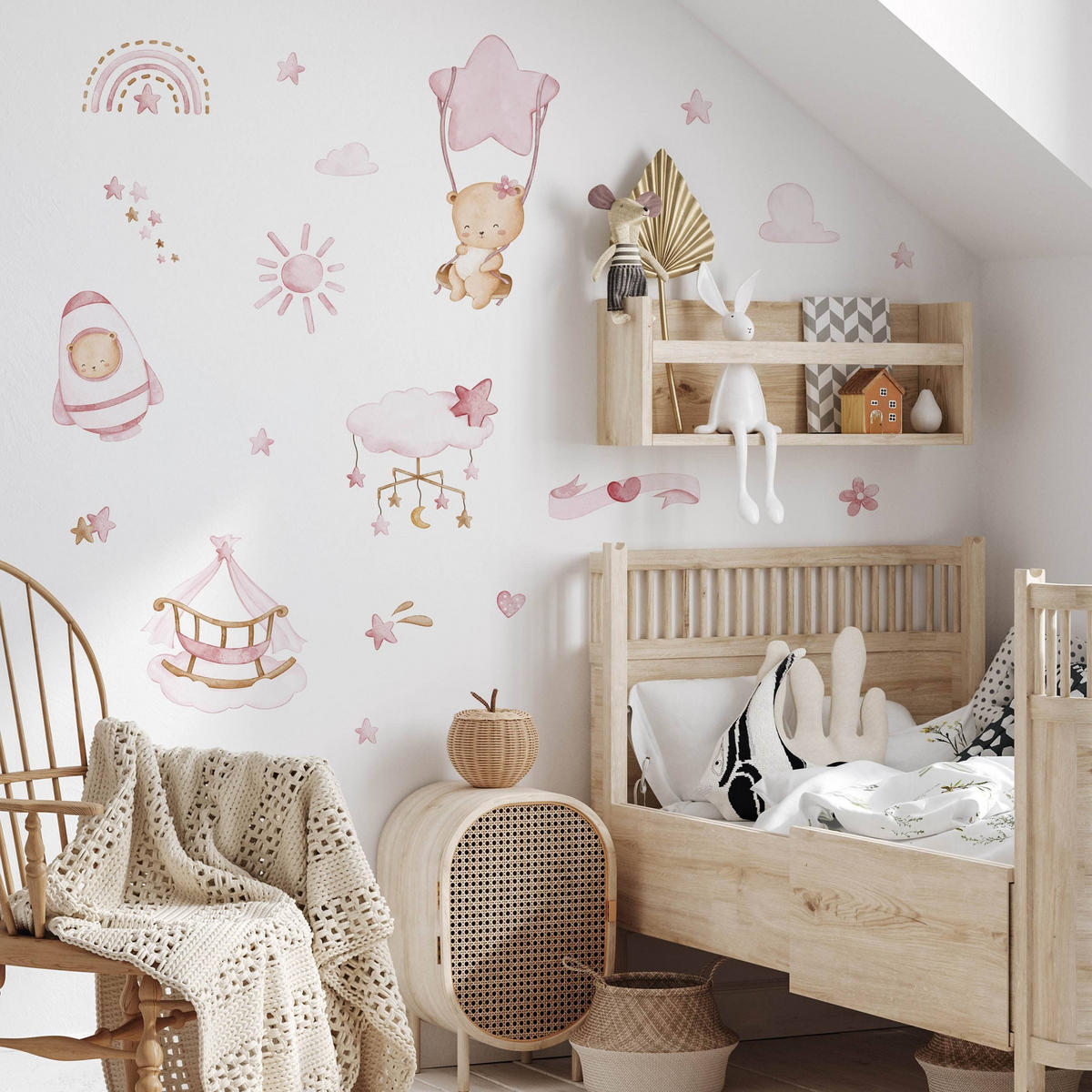 WANDTICKER Teddybären rosa Wolken Sterne 60x30 - Beige/Rosa, Papier (60/30/1cm) - Muralo