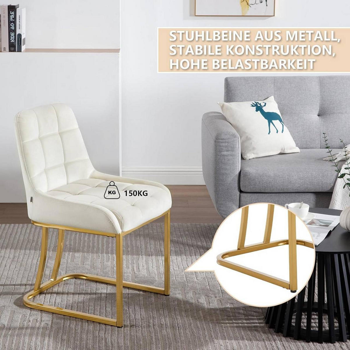 ESSZIMMERSTUHL 6er Set Beine in Bogenform, Samt, Creme - Goldfarben/Creme, Kunststoff/Textil (47.5/84/57.5cm) - Woltu