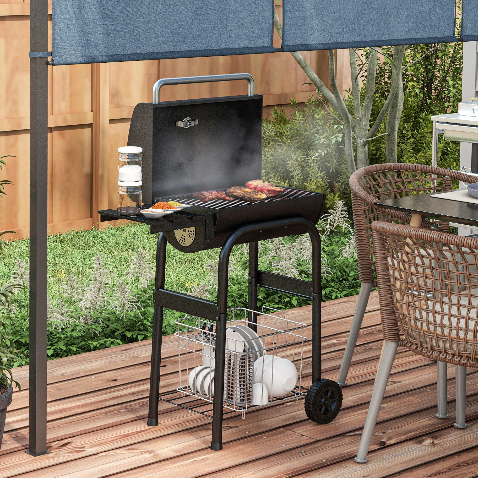 HOLZKOHLEGRILL - Schwarz, Metall (46.5/115/83cm) - Outsunny