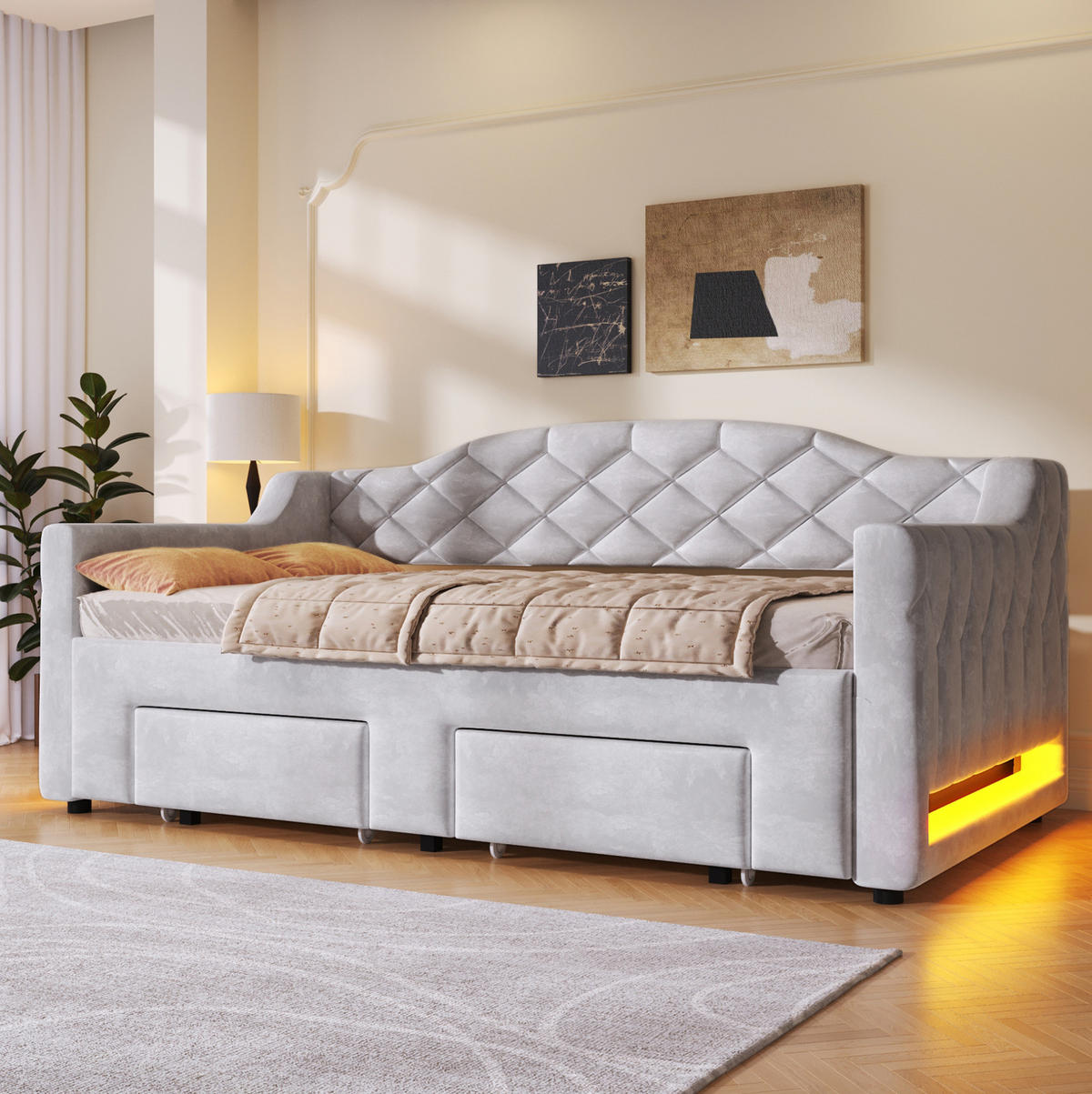 DNEVNA postelja 90/200 cm siva iz MDF in vezane plošče z raztegljivo površino, LED osvetlitvijo in predaloma - siva, tekstil (90/200cm) - OKWISH
