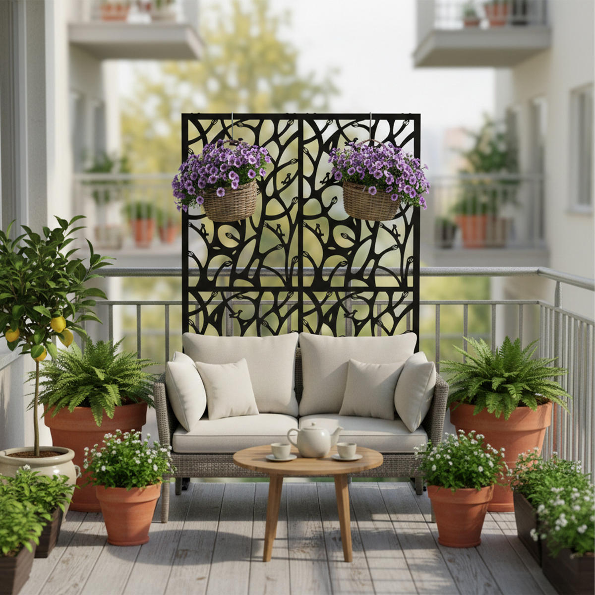 SICHTSCHUTZ Schwarz Metall Rankenmotiv - Schwarz, Metall (115/183cm) - Relaxdays