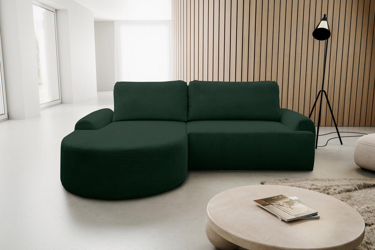 ECKSOFA Dream Cord in L-Form mit Schlaffunktion und Bettkasten, Farbe: Grün, Cordstoff, Ottomane Links - Grün, Textil (136/260cm) - VENASI MÖBEL