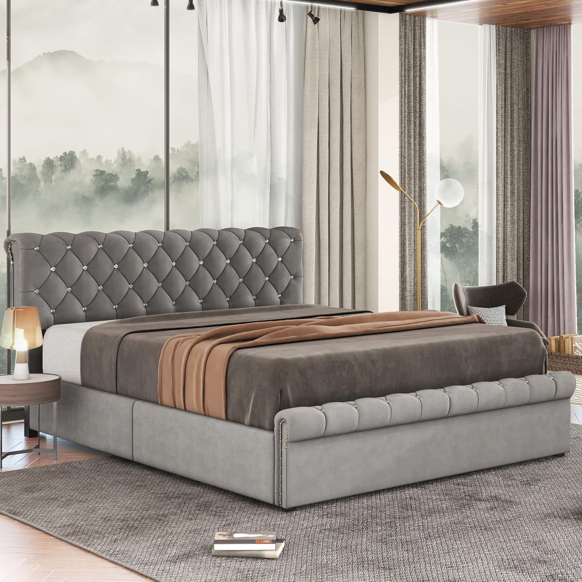 POLSTERBETT 140x200 Samt Hydraulisch Grau Kopfteil - Grau, Holz - FLIEKS