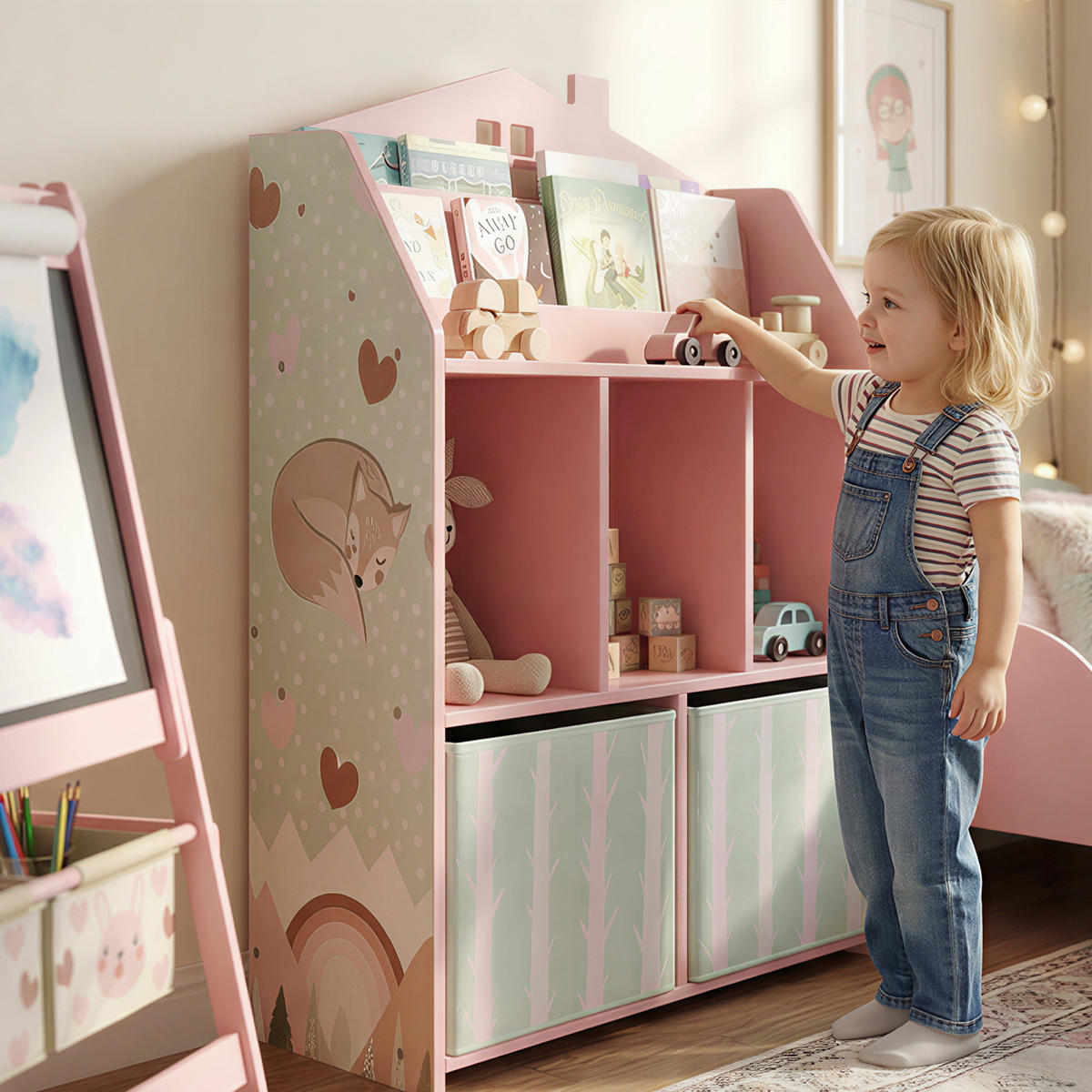KINDERREGAL DE-09571 2 Stoffschubladen & offenes Regal Rosa - Pink, Holzwerkstoff (62.5/91.5/30cm) - ComfortXL