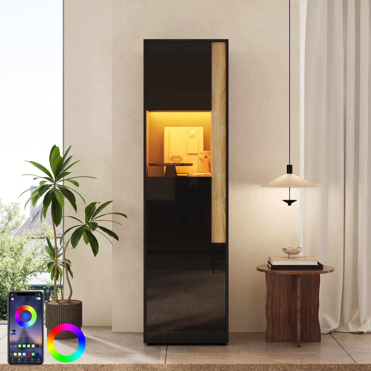VITRINE 50x40x179 cm Schwarz Natur mit LED und 2 Türen - Schwarz, Holzwerkstoff (50/179/40cm) - FLIEKS