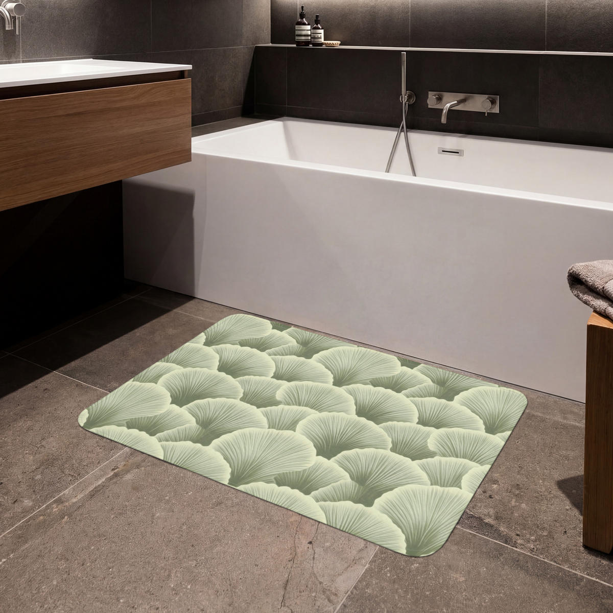 KOUPELNOVÁ PŘEDLOŽKA Vějíř - list - zelený 90x60 cm - pastelově zelená, textil/plast (90/60cm)