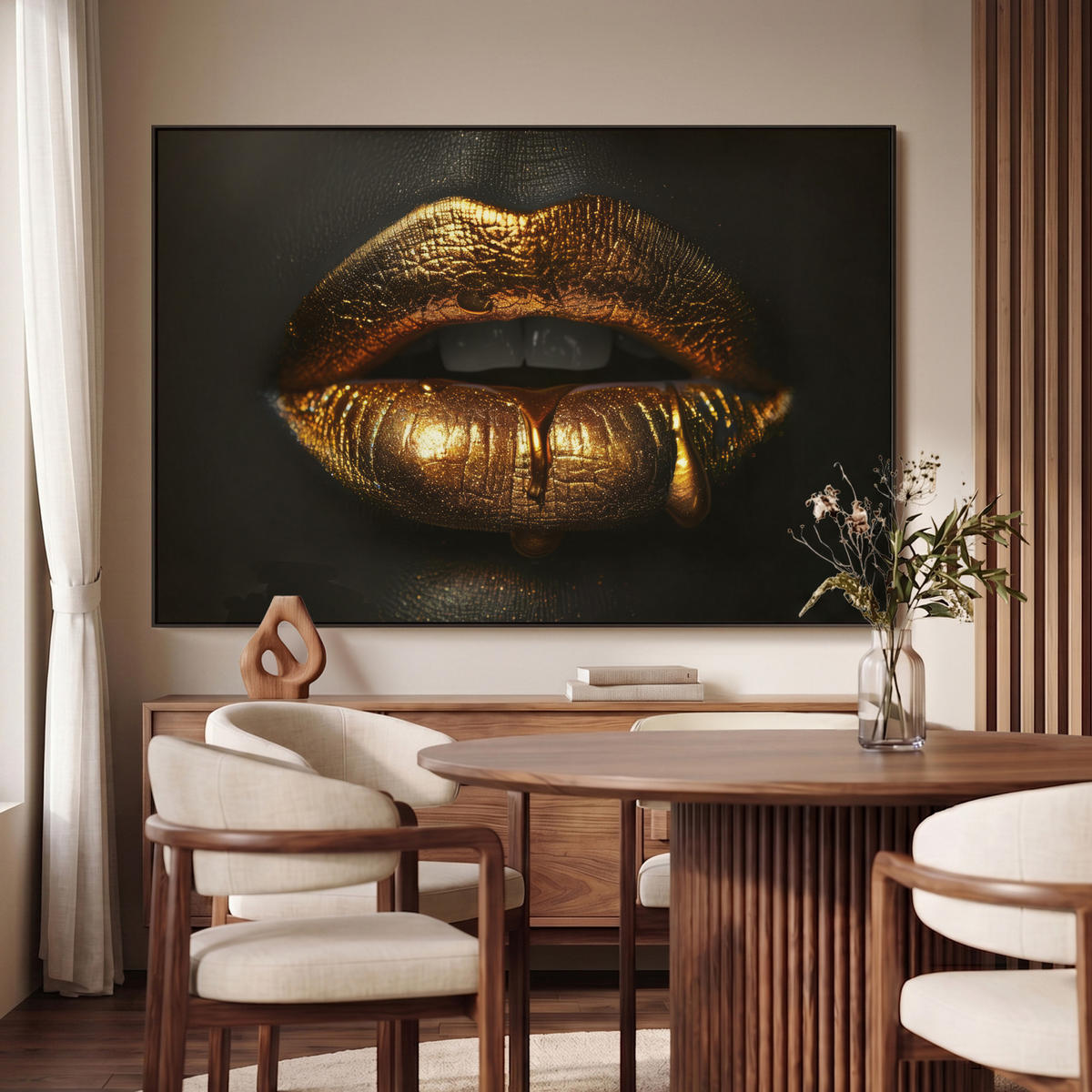 LEINWAND Bilder mit Rahmen - Frau - Porträt - Lippen - Gold - Schwarz - 120x80 - Schwarz, Textil (120/80cm) - MuchoWow