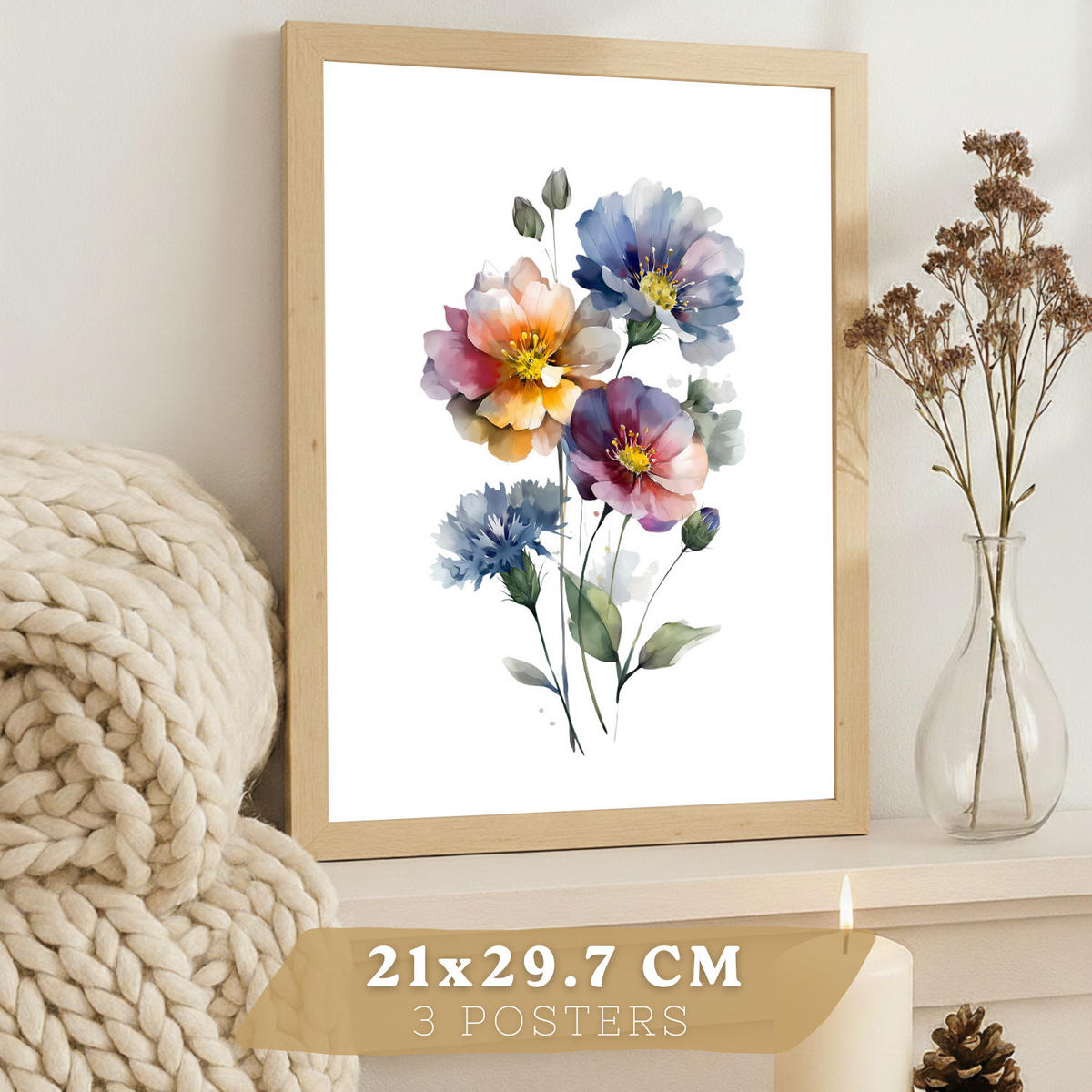 PLAKAT Sada 3 botanických uměleckých tisků. Květinové nástěnné umění. Moderní minimalistický květinový nástěnný PLAKAT. Velikost Bezrámové A4 - čirá, papír (21/29.7/3cm) - Nacnic