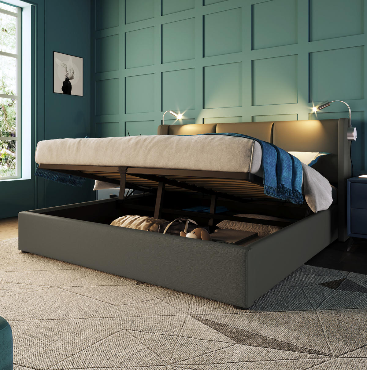 POLSTERBETT mit Bettkasten und Leselicht 160x200 cm PU Grau - Grau, Metall (160/200cm) - Meubliv