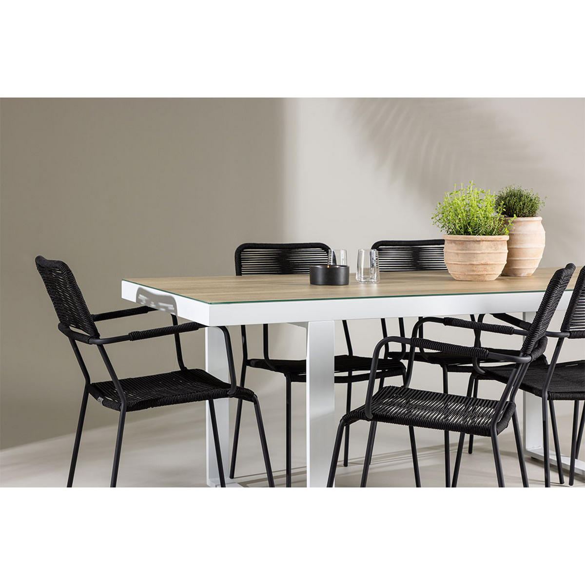 GARTENSET, Merlo, Tisch Weiß, Stühle Schwarz, Metall / Polyester, 90 x 200 x 75 cm, 7-teilig - Weiß, Metall - ebuy24