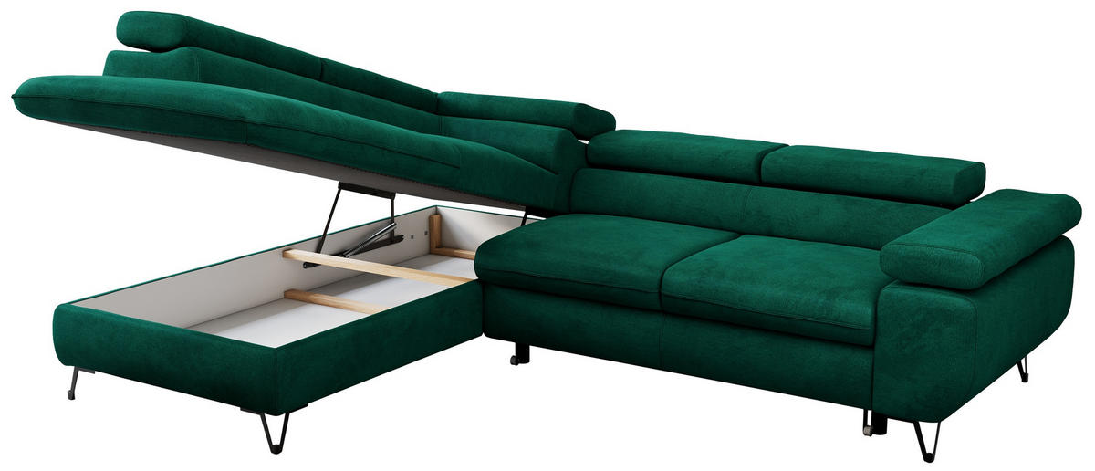 ECKSOFA PETER L Dunkelgrün Velvet - Links Seite - Dunkelgrün/Schwarz, Textil/Metall (208/273cm) - MKS