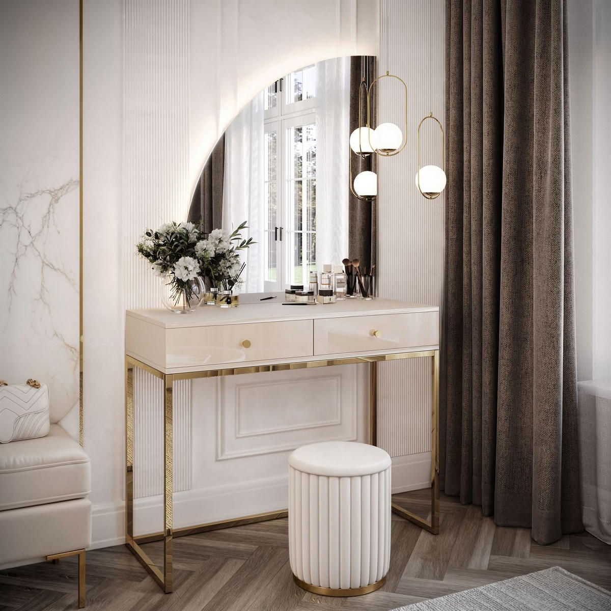 SCHMINKTISCH QUINNIE KASCHMIR mit LED-Spiegel gold Chrom links gold Griff - Kaschmir/Goldfarben, Holzwerkstoff (100/175/42cm) - Lookway