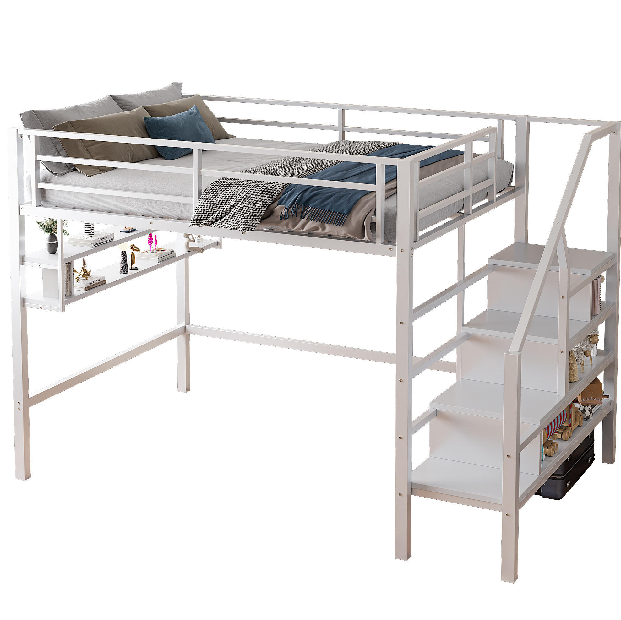 HOCHBETT 140/200 cm aus Metall und MDF mit Stauraumleiter und Regalen Weiß - Weiß, Metall (140/200cm) - Modenvie