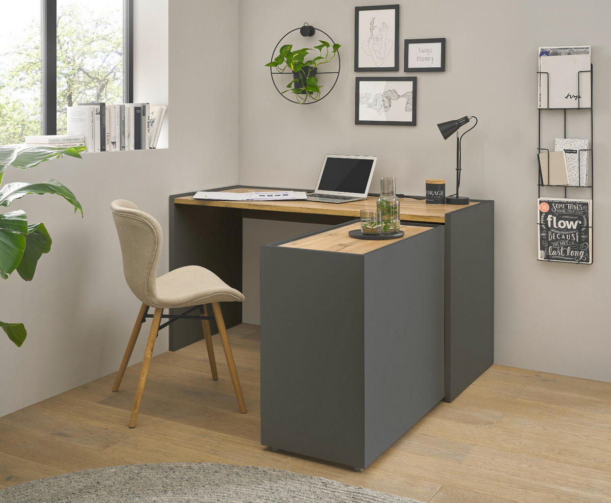 SCHREIBTISCHKOMBINATION 6-teilig grau matt, Eiche Wotan, Büromöbel Set mit viel Stauraum - Eichefarben/Schwarz, Holzwerkstoff/Kunststoff (140/263/200cm) - Furn.Design