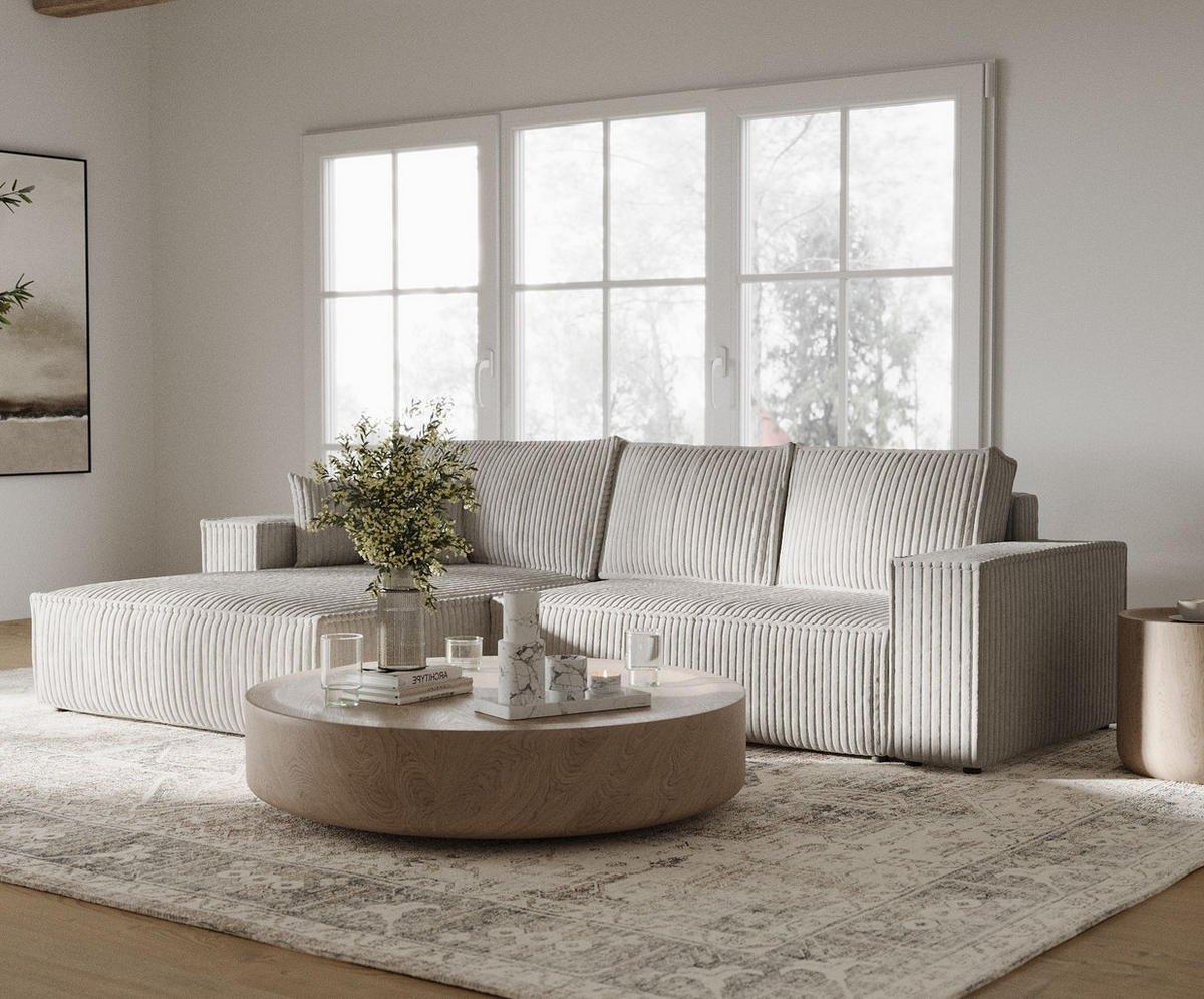 ECKSOFA Maze Beige grau Plüsch - Links Seite - Greige/Schwarz, Holz/Holzwerkstoff (185/294cm) - Maison de Reve