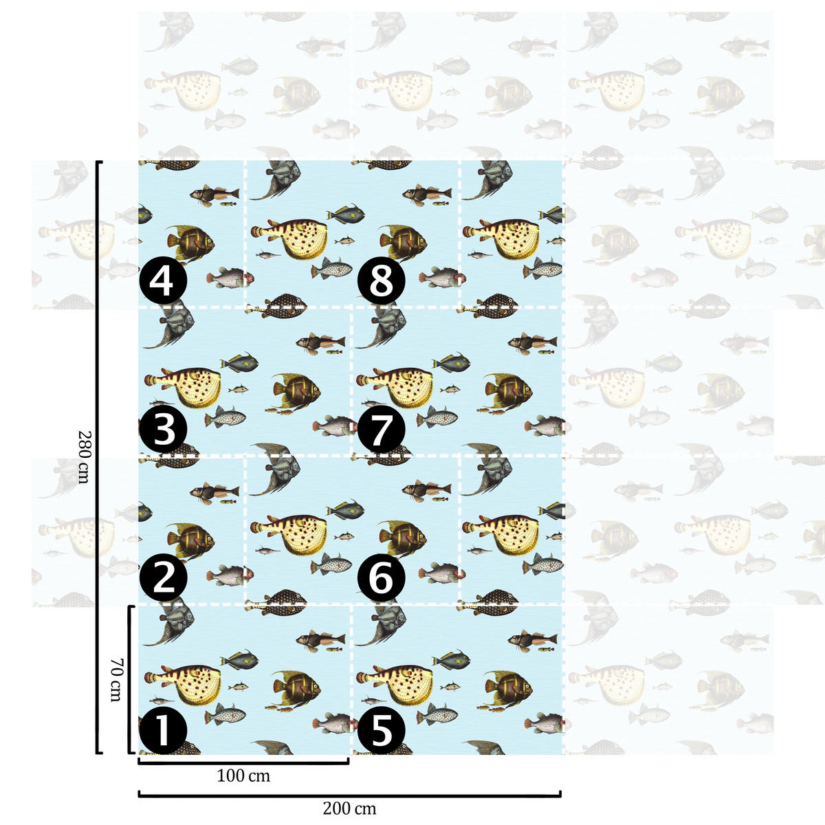 TAPETE Fische aus echtem Papier, 200x280cm, 8 Bögen - Hellblau, Papier (200/280cm) - WALLPAPERS4BEGINNERS