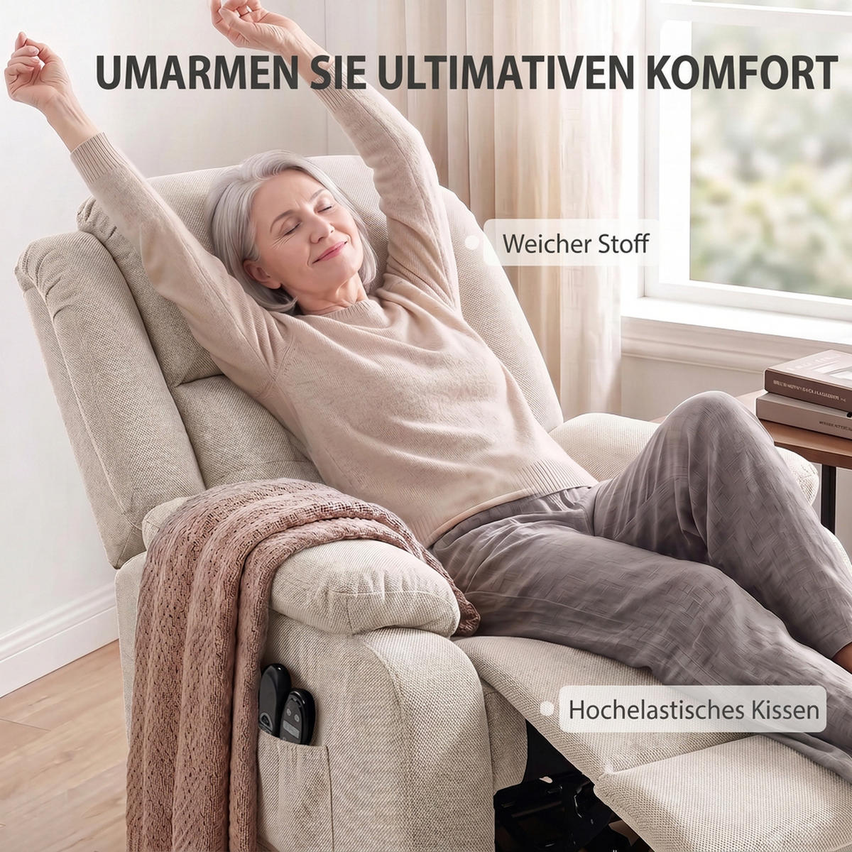 AUFSTEHSESSEL Samt Beige - Beige/Schwarz, Holz/Textil (104/100/93cm) - HOMCOM