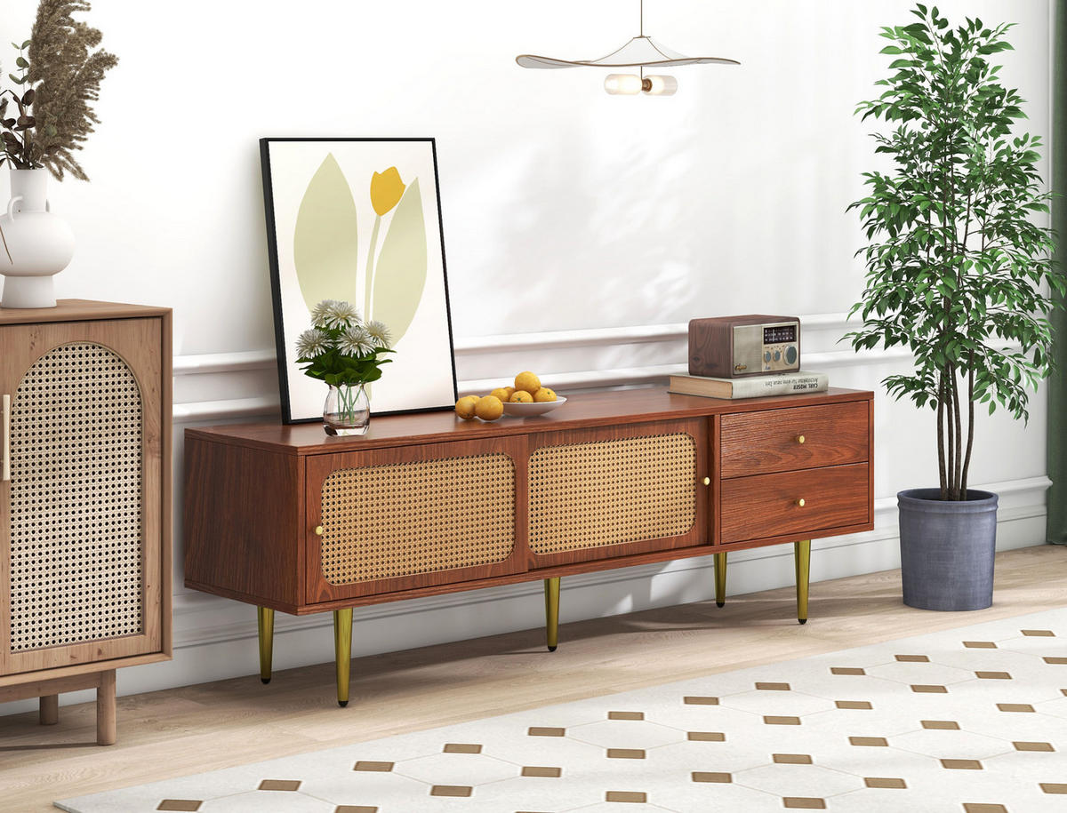 TV-LOWBOARD aus MDF 160x40x60 cm Walnuss mit Schiebetüren, Schubladen und Kabeldurchlässen - Weiß, Holzwerkstoff (160/60/40cm) - Modfu