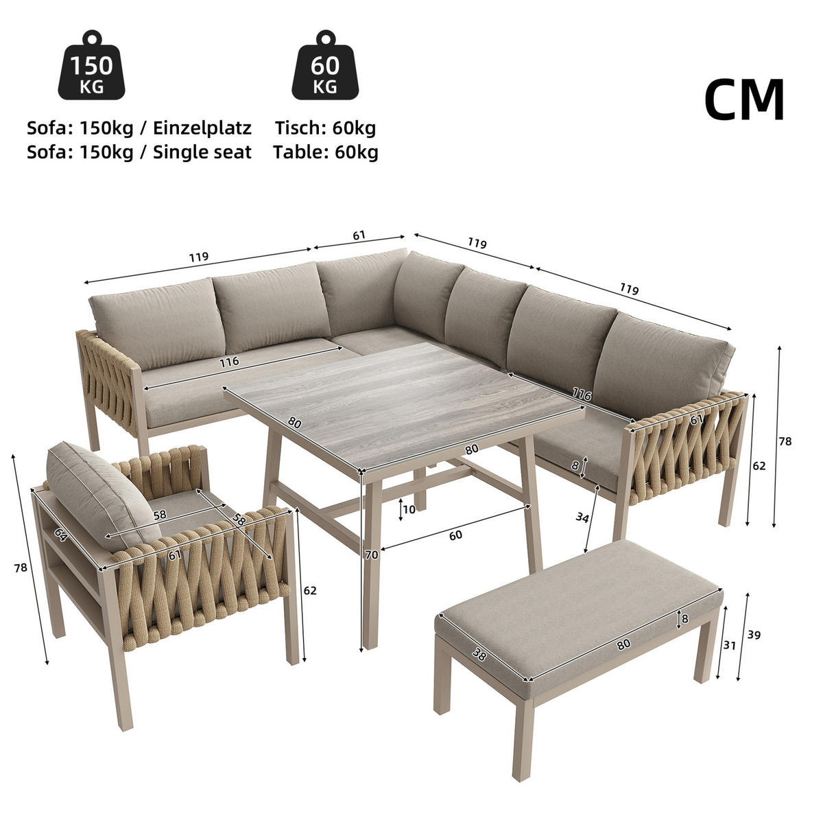 GARTENMÖBEL 238x61x78cm beige aus Eisen und mit Kissen - Beige, Metall - Modfu