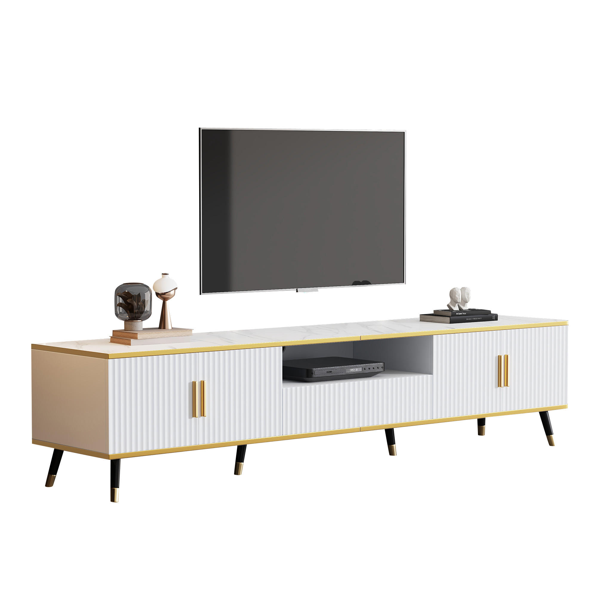 TV-SCHRANK Weiß mit Kunstmarmorplatte, goldenen Metallakzenten, Kabelführung und großem Stauraum 200 × 40 × 46 cm - Weiß, Holzwerkstoff (200/46/40cm) - Luhomfu
