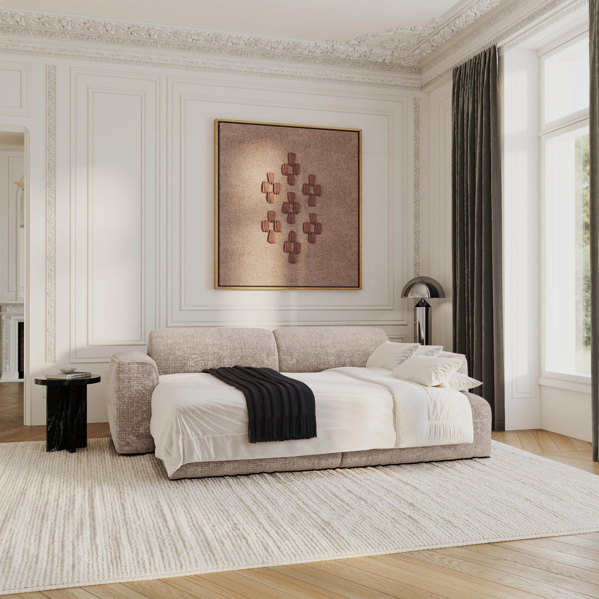 SCHLAFSOFA GERADE Geprägter Samt Beige 240cm - Beige, Textil (240/73/97cm) - Sia Home