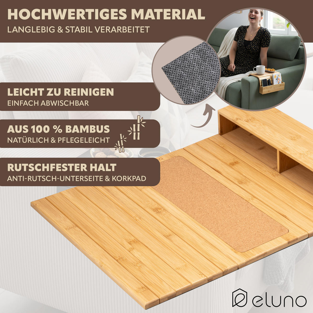ARMLEHNEN-SOFATABLETT mit seitlichen Fächern, rutschfeste Korkablage, Bambus - Naturfarben, Naturmaterialien (47/6/34cm) - eluno