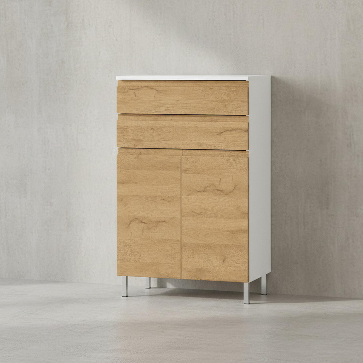 BADSCHRANK Weiß und Eiche Grandson 60x97x34 cm mit Schubladen, Chromfüßen und griffloser Front VEER - Weiß, Holz/Metall (60/97/34cm) - KADIMA DESIGN