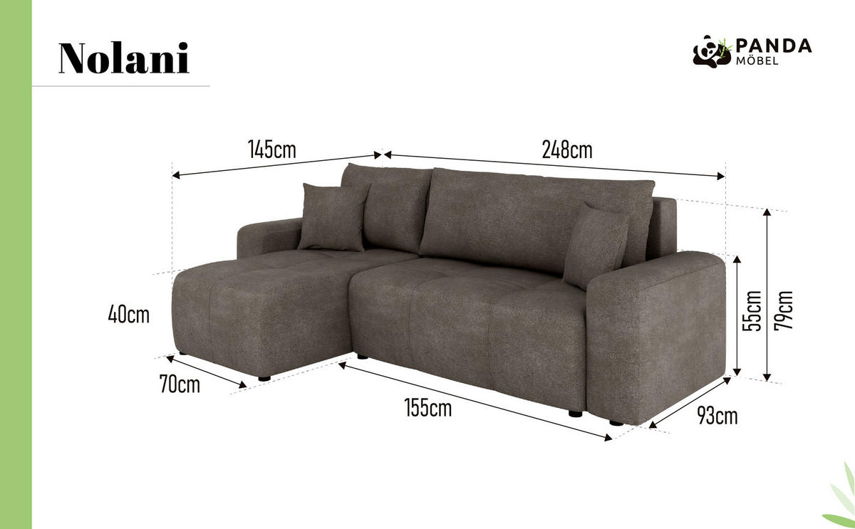 ECKSOFA Nolani mit Schlaffunktion & Bettkasten – Modern & Bequem - Dunkelgrau, Kunststoff (248/145cm) - Panda Möbel
