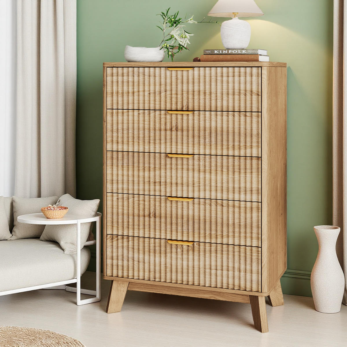 KOMMODE 5 Schubladen Holzoptik, Rillenstruktur, Goldgriffe - Eichefarben, Holzwerkstoff (40/108/73cm) - SHOPENTRA