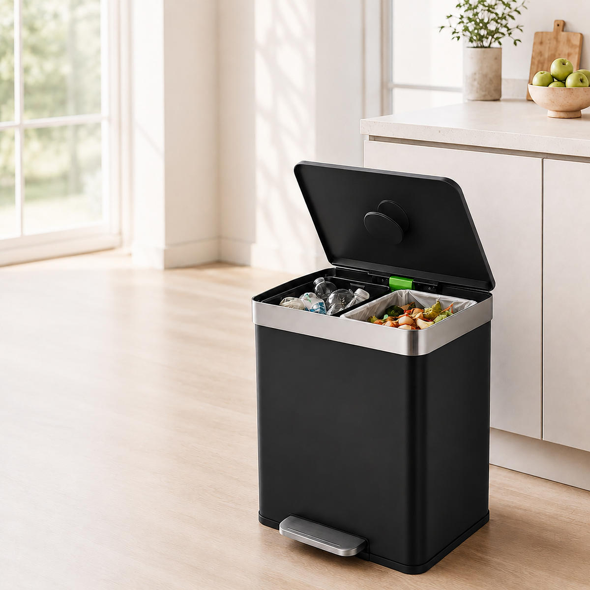MÜLLEIMER Schwarz 2x30 l Pedal 2-Fächer - Schwarz, Kunststoff/Metall (58/60.5/35.5cm) - Relaxdays