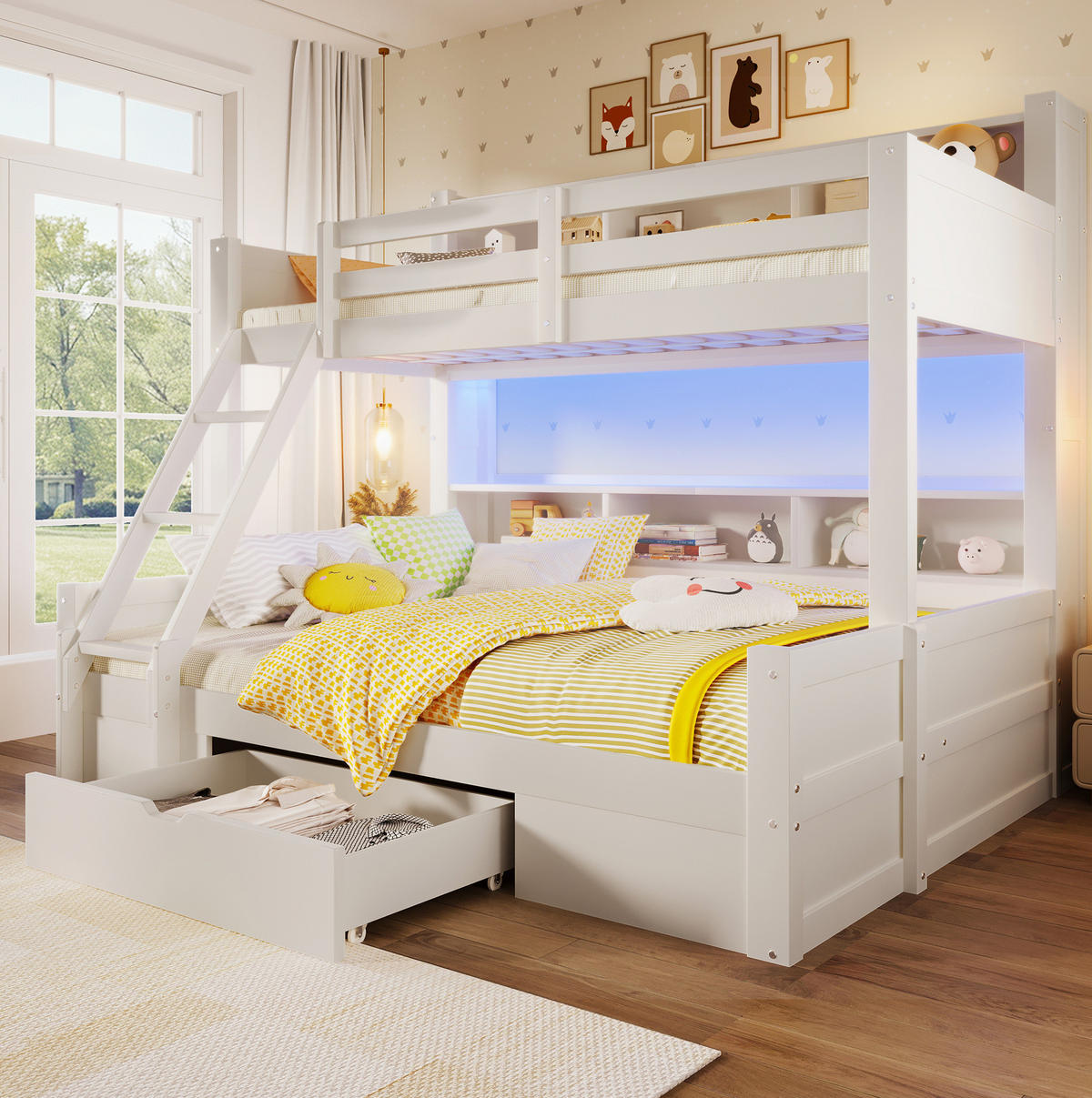 ETAGENBETT aus Kiefernholz 90x200/140x200 cm Weiß mit LED-Beleuchtung, Stauraum und Schublade - Weiß, Holzwerkstoff (90/200cm) - IVMEU