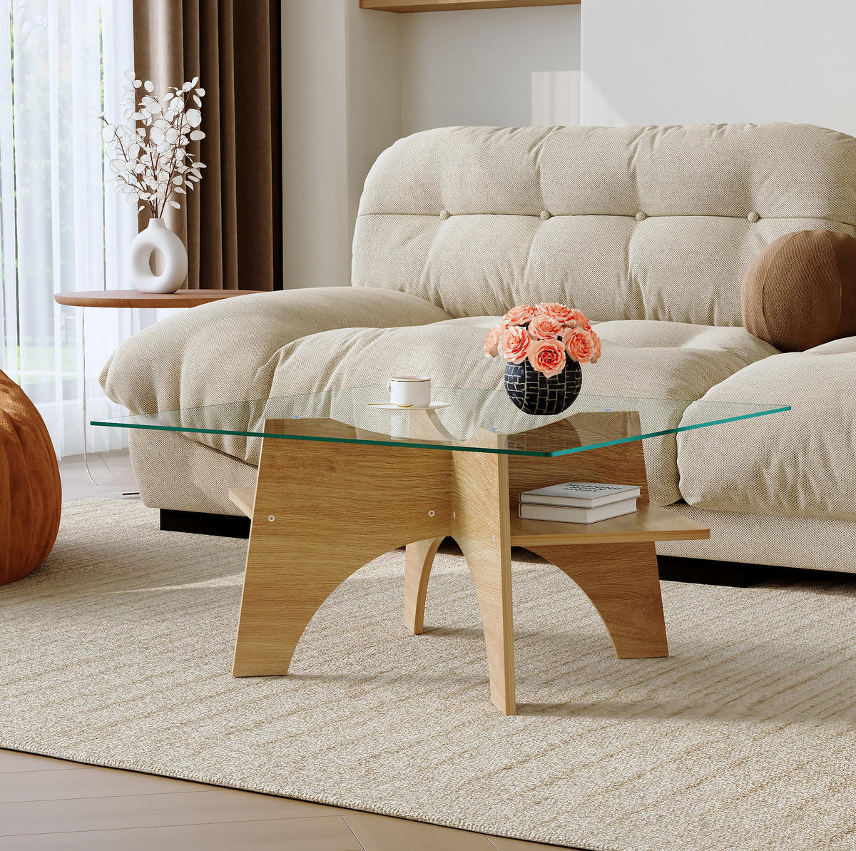 COUCHTISCH 80/80/40 cm aus Sicherheitsglas und MDF mit Ablagefach im minimalistischen Design, Transparent, Holzfarben - Transparent, Glas (80/80/40cm) - Redom