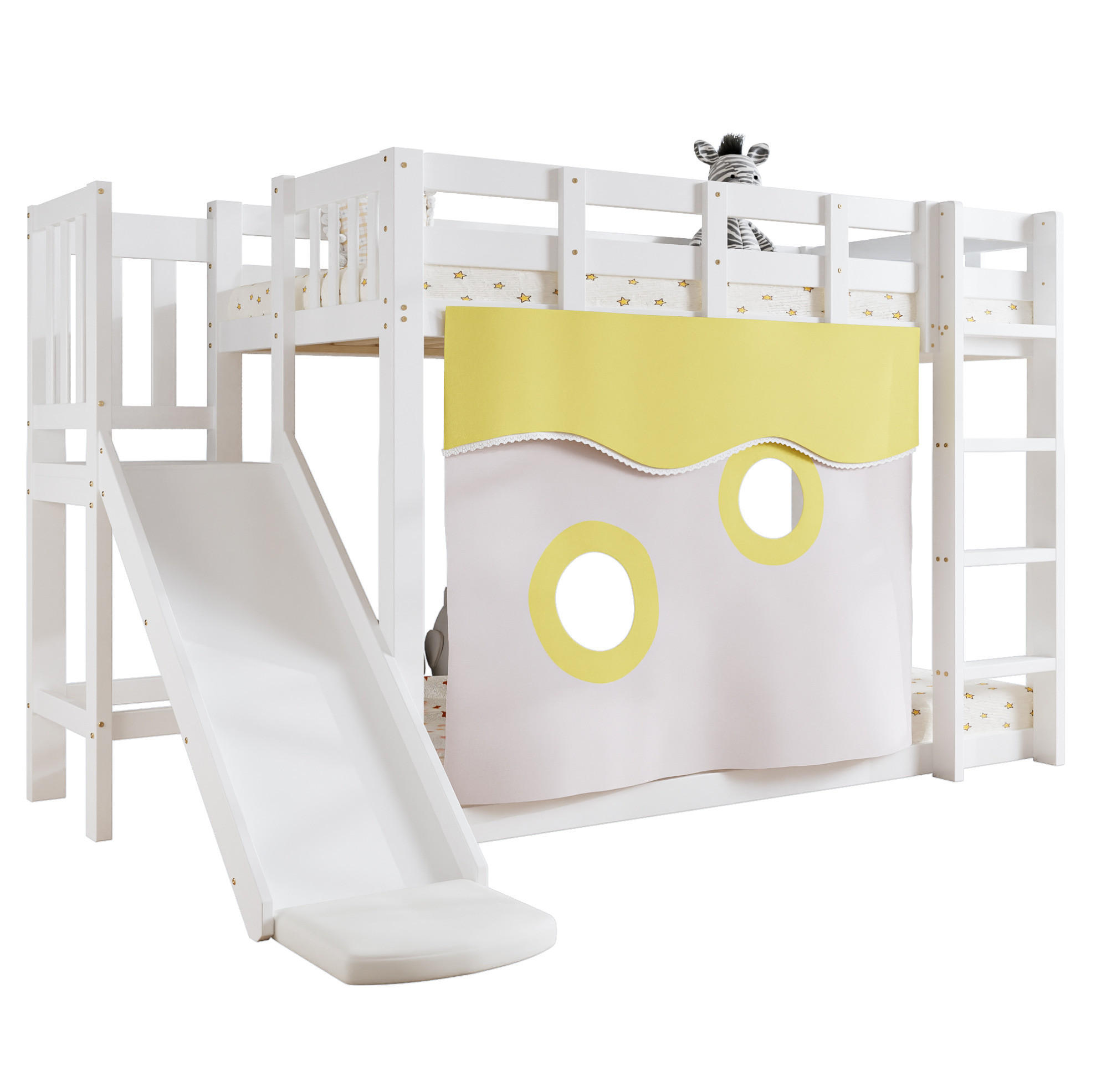 ETAGENBETT 90x200 cm in Weiß mit Treppe, Rutsche und Bettvorhang - Weiß, Holzwerkstoff (90/200cm) - BEAOK