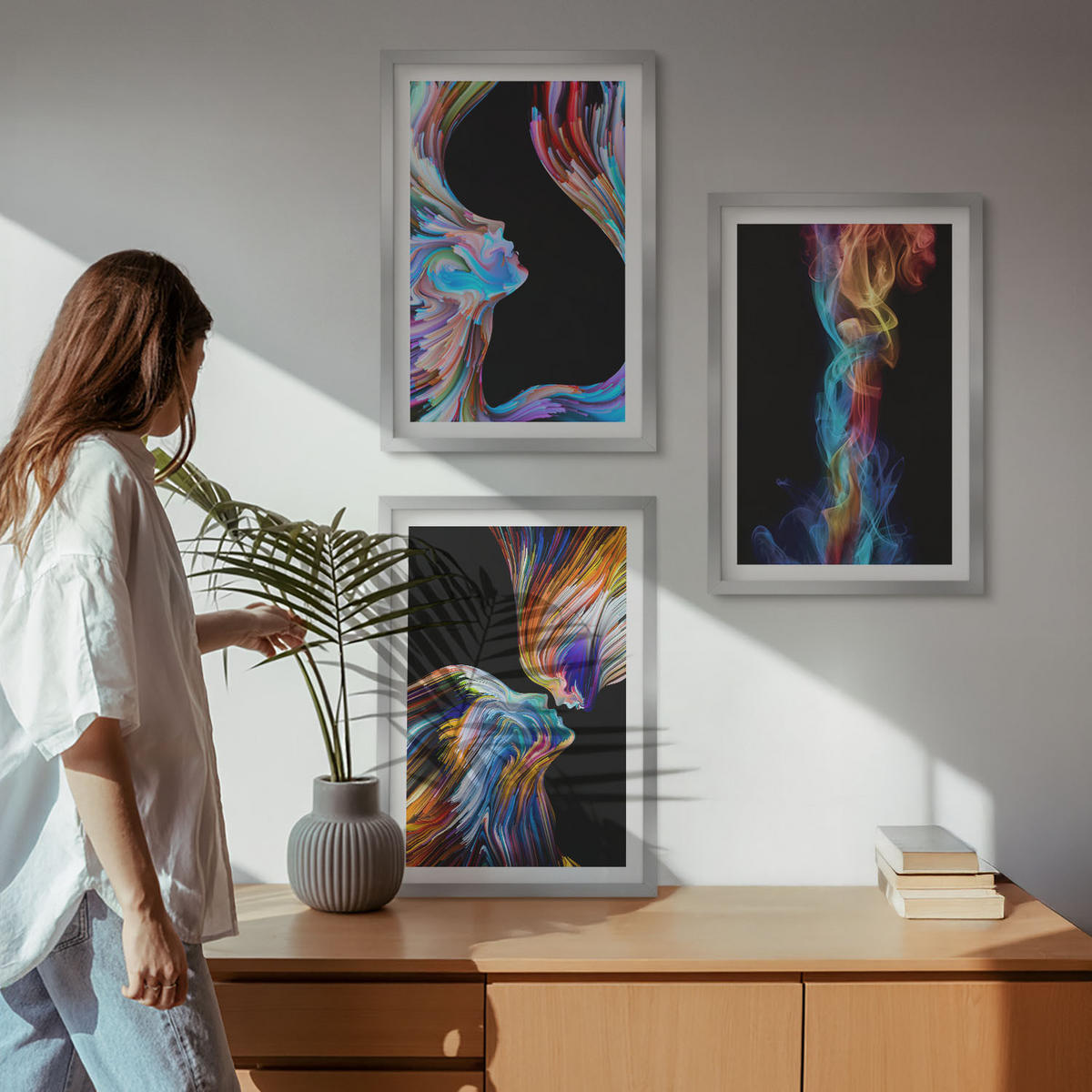 BILDER SET 3er Set - 40x60 cm Silberner Rahmen - Bunte abstrakte Gesichter - Silberfarben, Kunststoff (40/60cm) - TULUP