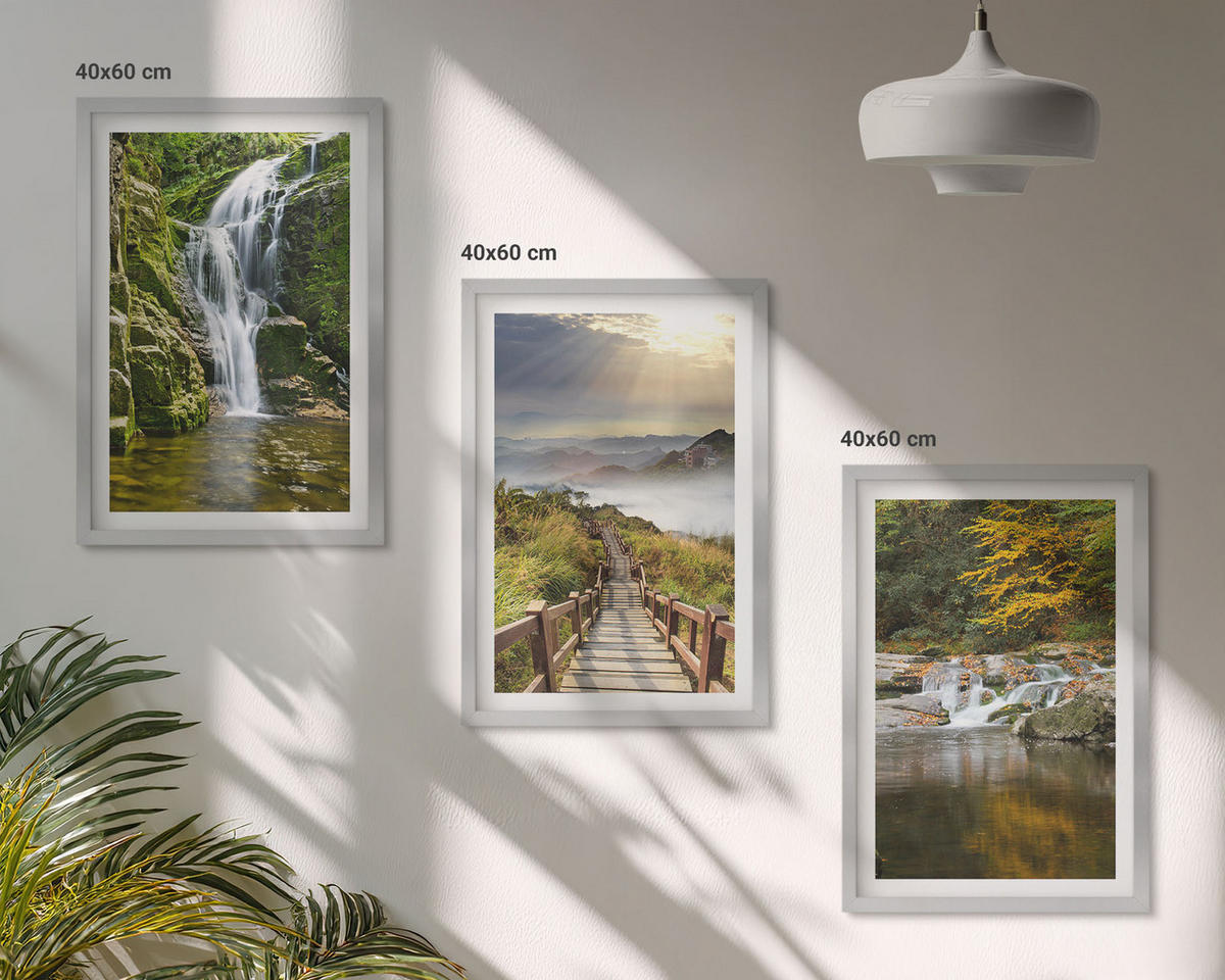 BILDER SET 3er Set - 40x60 cm Silberner Rahmen - Wasserfälle, Berge, Wolken, Herbst - Silberfarben, Kunststoff (40/60cm) - TULUP