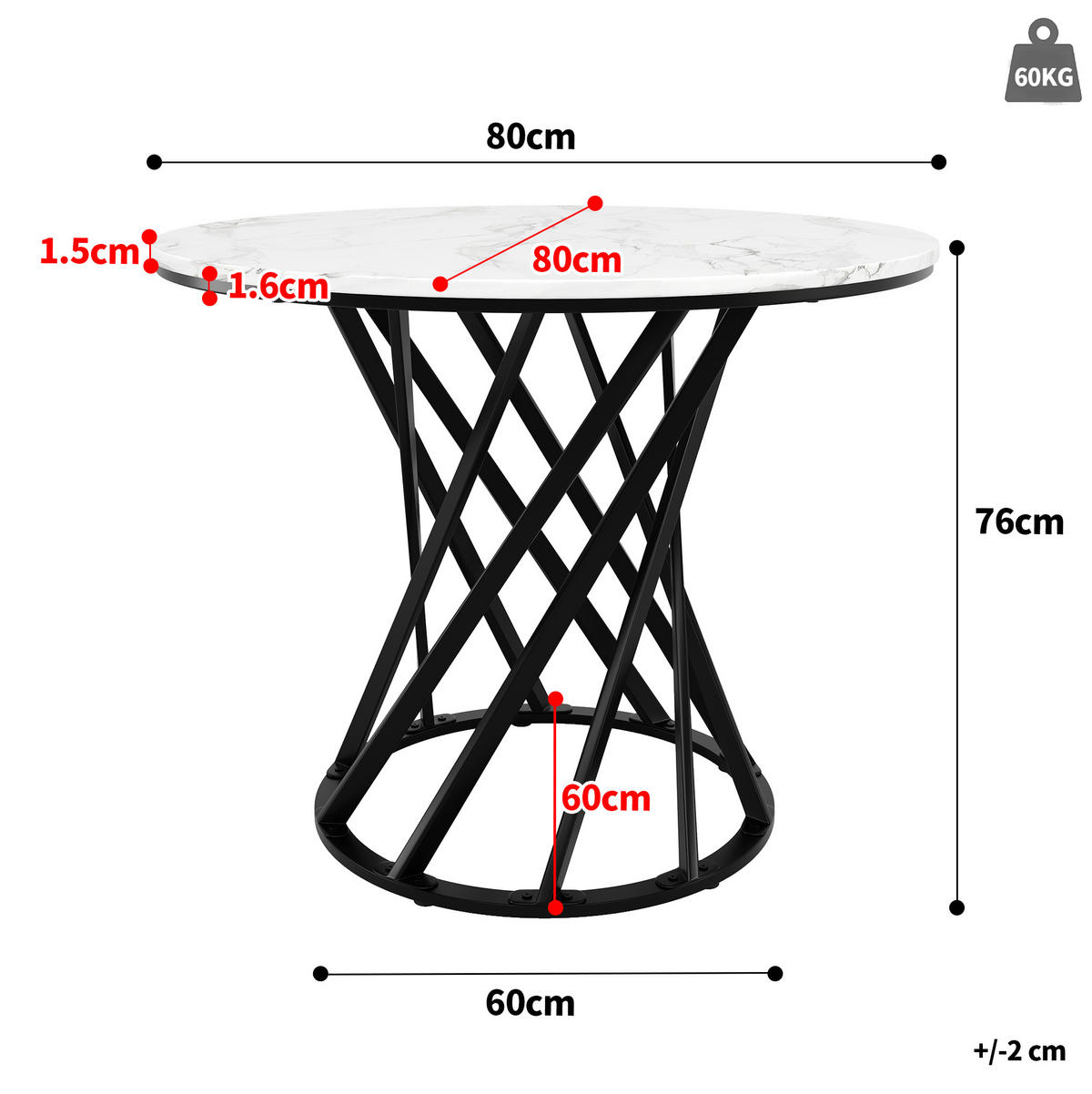 STOL za blagovaonicu 80/80/76 cm, MDF/metal, crno-bijeli, s podesivim nožicama - crna, drvni materijal (80/80/76cm) - BEAOK