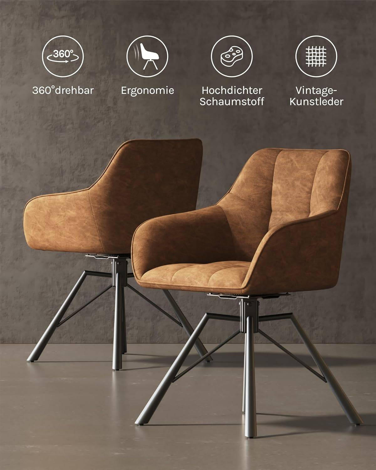 ESSZIMMERSTUHL 2er-Set, drehbar, Kunstlederbezug, Hellbraun - Hellbraun/Schwarz, Kunststoff/Metall (57/82.5/50cm) - Woltu