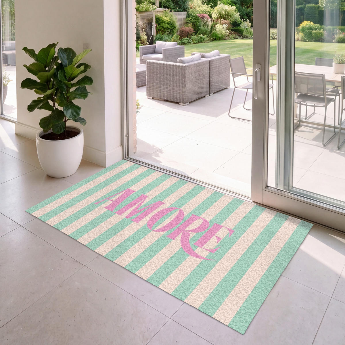 FUSSMATTE Rosa – Grün – Streifen – Amore 150x90 cm - Mintgrün, Kunststoff (150/0.4cm) - MuchoWow