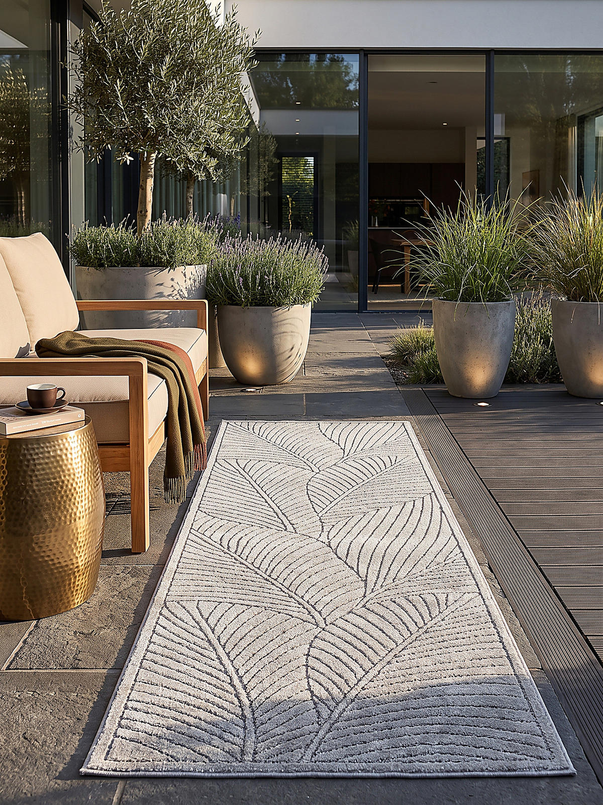 LÄUFER Outdoor, Fußbodenheizung-geeignet, mit Blattmotiv, ENGADIN in Silbergrau, 80 x 150 cm - Grau, Textil (80/150cm) - KADIMA DESIGN
