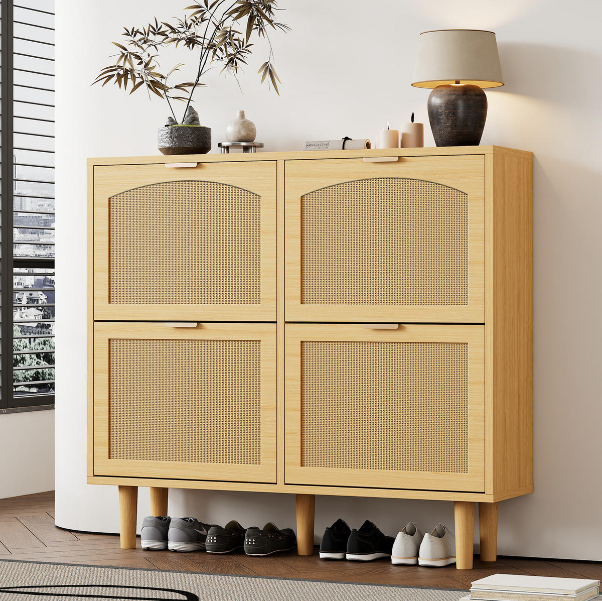 SCHUHSCHRANK mit 4 Klappen 100 x 25 x 90 cm Light Oak Rattanoptik - Braun, Holz (25/90/100cm) - Beauniv