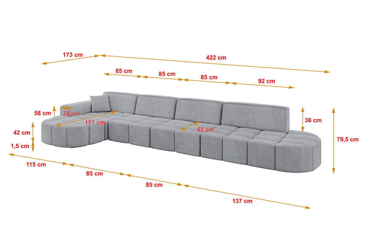 ECKSOFA Ottomane Links LIVO-L3 - 422x173x79,5 cm Hellgrau - Grau, Holzwerkstoff/Textil (422/173cm) - ALTDECOR