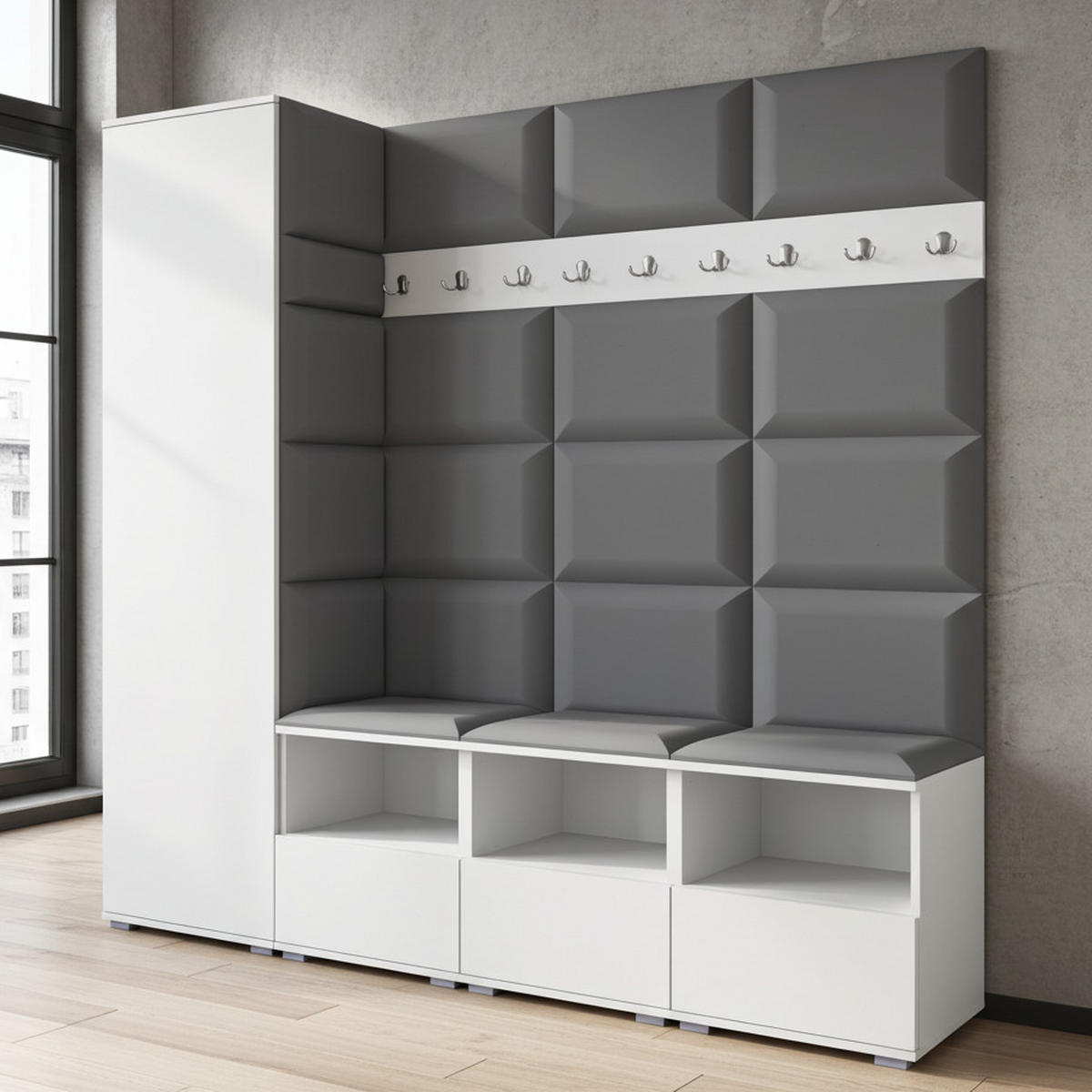 GARDEROBE NELA IX 200 cm (Modulare Flurmöbel Weiß mit Sitzpolster Dunkelgrau 15 Breite Sitzbank) - Dunkelgrau/Silberfarben, Holz/Holzwerkstoff (200/187/40cm) - Ravio