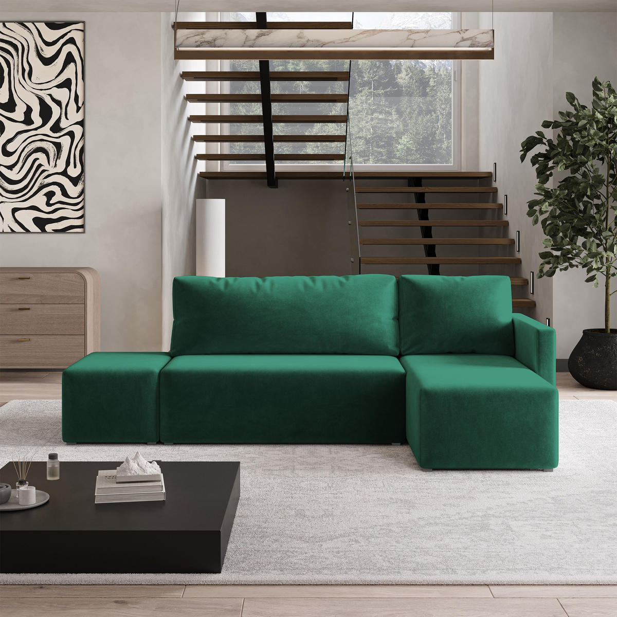 ECKSOFA VELOTTI R-S Grün Plüsch-Stoff mit Schlaffunktion - Grün, Holz (261/143cm) - MASSENO