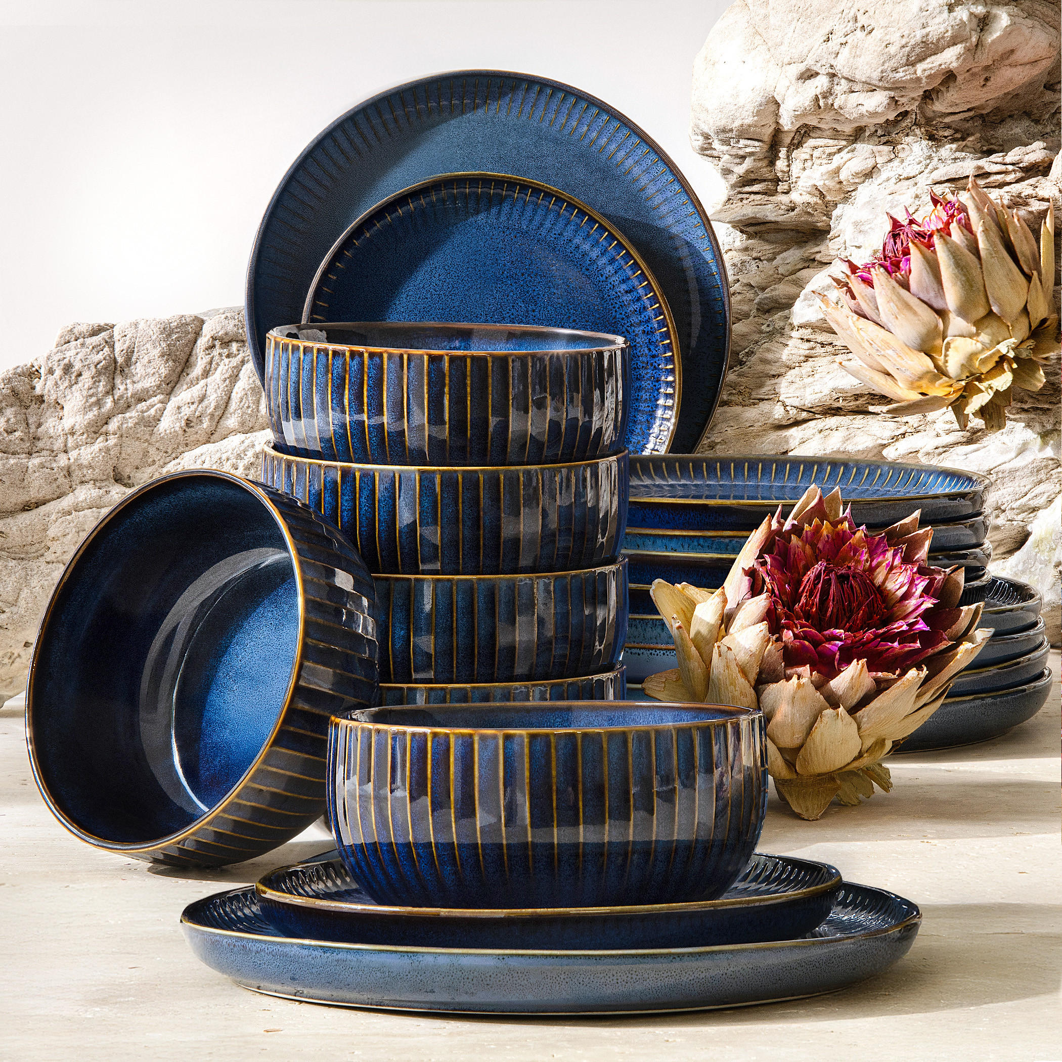 TAFELSERVICE AD STRIPES 6 PERSONEN, 18-tlg - Dunkelblau, Keramik (26/7/26cm) - KONSIMO®