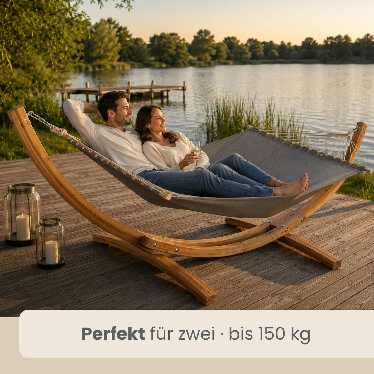 XXL-HÄNGEMATTE mit Holzgestell bis 150kg, 325/120cm, Grau - Grau, Holz (120/2.5/325cm) - Amanka